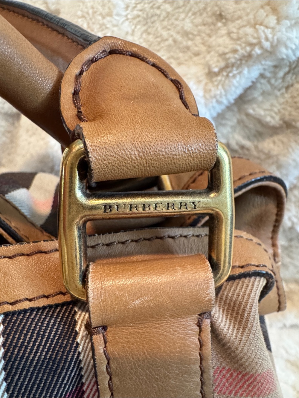 Burberry Beige Plaid and Brown Leather Satchel - Picture 4 of 15